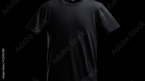 A black t-shirt placed on a black background. Can be used for fashion, clothing, or product display purposes