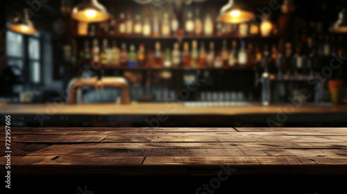 Old wooden table in dark blurred bar