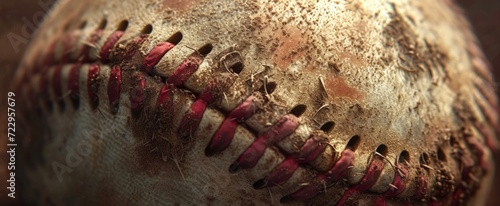 Close-up of a Weathered Baseball with Stitches - The Essence of America's Favorite Pastime Frozen in Time, Revealing Years of Play and Memories
