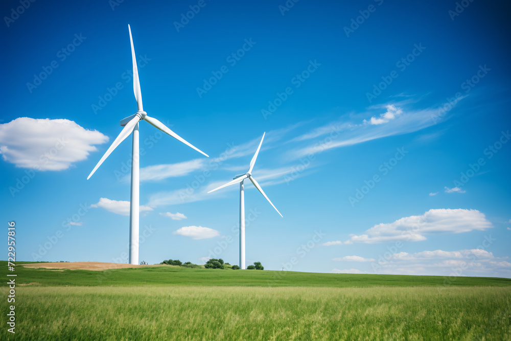 Wind turbines power plant on green grassland, wind farm alternative energy, sustainability concept.