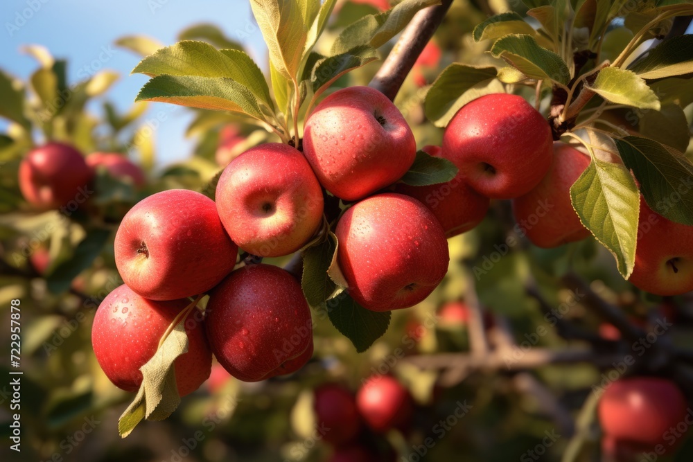 A bunch of red apples hanging from a tree. Perfect for showcasing the beauty of nature and the abundance of fresh fruits. A bunch of red apples hanging from a tree. Perfect for showcasing the beauty of nature and the abundance of fresh fruits.