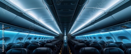 Modern Airplane Interior View with Atmospheric LED Lighting Highlighting Comfortable Passenger Seating Arrangement