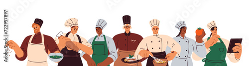Restaurant chef cooks group. Kitchen workers at work, professional culinary team, community in hats and uniform. Catering staff cooking. Flat vector illustration isolated on white background