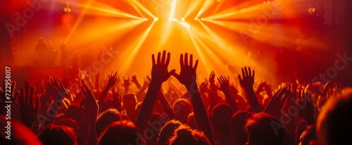 Vibrant Concert Scene with Energetic Crowd Cheering and Dynamic Stage Lights Illuminating the Exciting Music Event