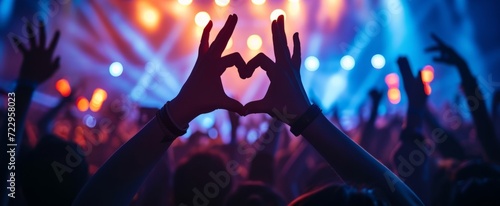 Captivating Scene of Love and Unity with Heart-Shaped Hands at a Vibrant Music Concert Celebration with Gleaming Stage Lights