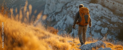 Solo Adventurer Trekking During Golden Hour on a Rugged Mountain Path with Picturesque Views and Glowing Grasslands