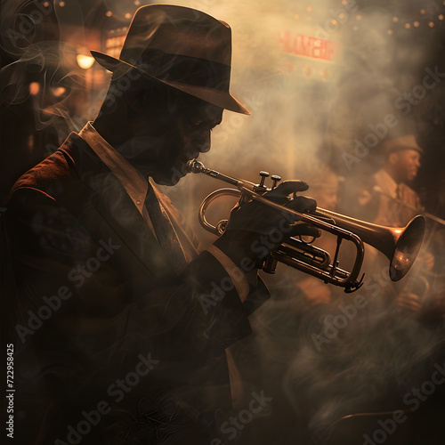 Jazz Album Cover: A 1940s Jazz album cover featuring a classic trumpet player against the backdrop of a smoky, dimly lit jazz club