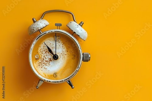 coffee latte alarm clock on a yellow background photo