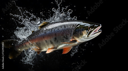 A majestic salmon leaps from the water, glistening droplets suspended midair. Nature's ballet unfolds as it defies gravity, a symbol of strength and the cycle of life photo