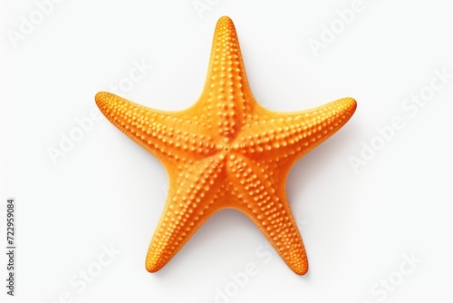 A vibrant yellow starfish resting on a clean white surface. Perfect for beach-themed designs and marine life illustrations