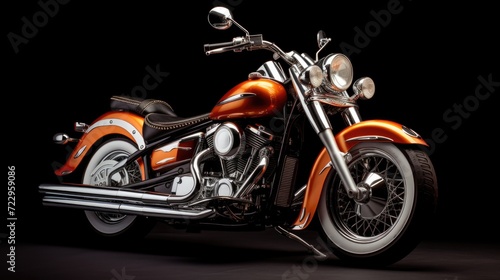 A vibrant orange motorcycle parked in a dimly lit room. Perfect for showcasing a sleek and powerful vehicle in a unique setting