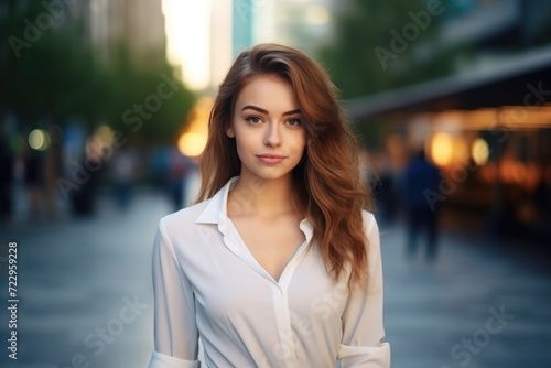 A woman wearing a white shirt stands on a street. Suitable for various uses