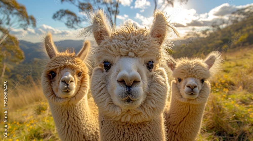 Obraz premium Fluffy Alpacas, Delightful shot of fluffy alpacas with expressive eyes, radiating charm and gentleness.