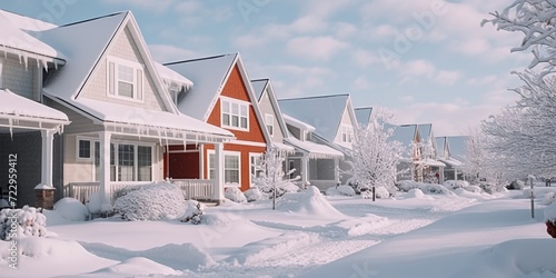 Houses covered in snow on a sunny day. Can be used to depict winter scenery or seasonal holidays