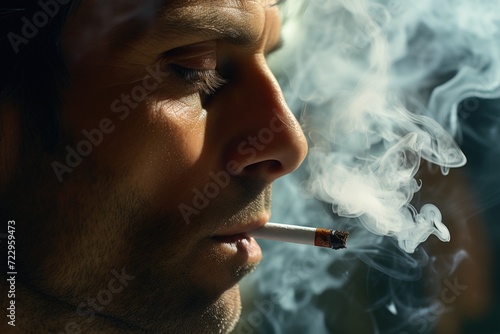 A man is shown smoking a cigarette, with smoke coming out of his mouth. This image can be used to depict addiction, smoking, or relaxation