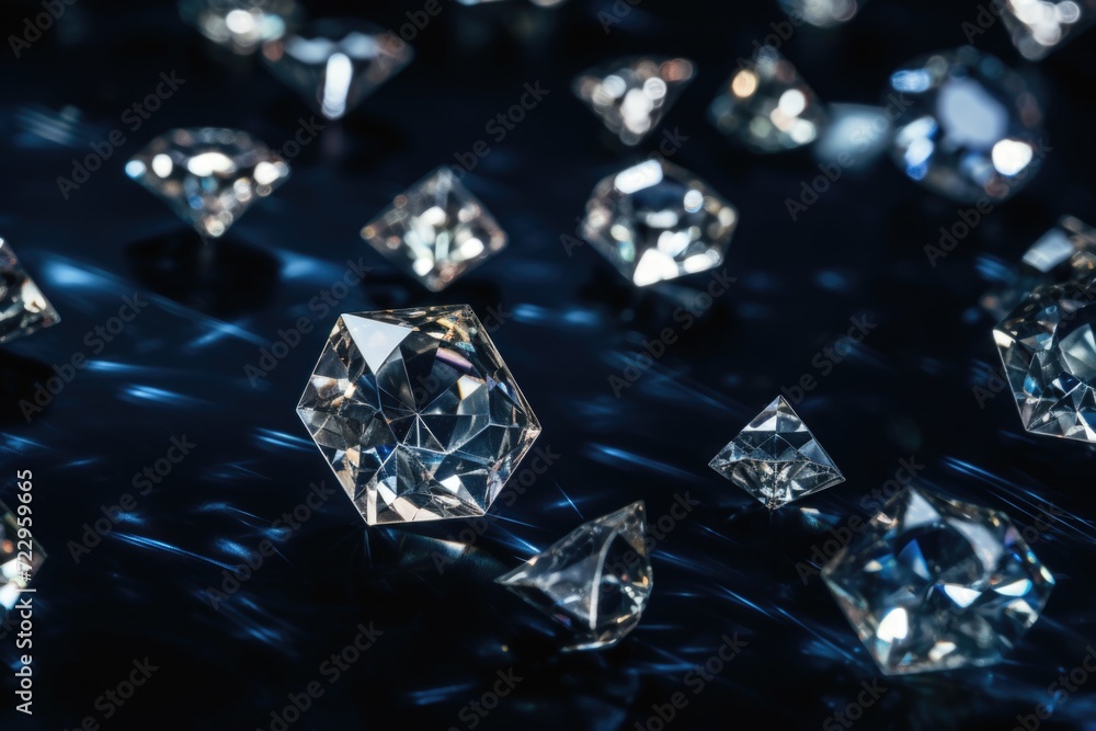 A stunning collection of diamonds displayed on a sleek black surface. Perfect for luxury jewelry advertisements or articles on precious gemstones A stunning collection of diamonds displayed on a sleek black surface. Perfect for luxury jewelry advertisements or articles on precious gemstones