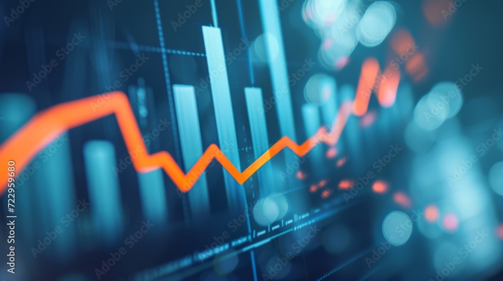 A chart of the financial stock market with trend lines, a chart in blue with orange and red lines and arrows, a chart showing an uptrend, A chart of the financial stock market with trend lines, a chart in blue with orange and red lines and arrows, a chart showing an uptrend,