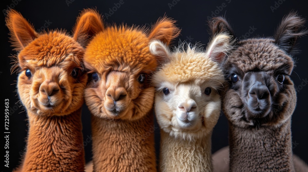 Fototapeta premium Fluffy Alpacas, Delightful shot of fluffy alpacas with expressive eyes, radiating charm and gentleness.