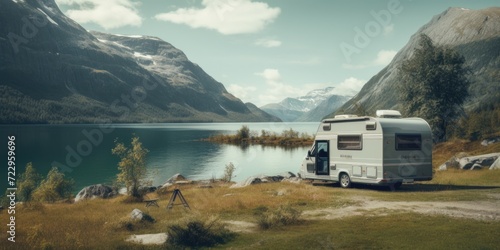 A motor home parked next to a body of water. Perfect for camping and outdoor adventure themes © Fotograf