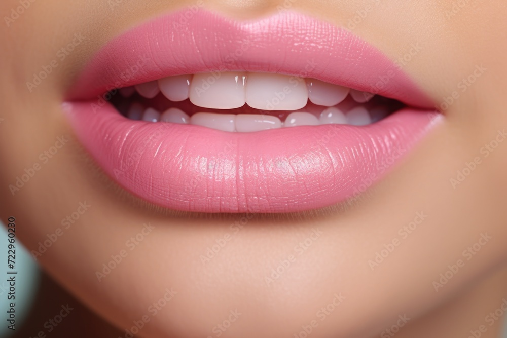 A close-up view of a person's mouth with vibrant pink lips. Perfect for beauty, cosmetics, and fashion-related projects A close-up view of a person's mouth with vibrant pink lips. Perfect for beauty, cosmetics, and fashion-related projects