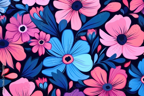 A vibrant bunch of pink and blue flowers set against a dark black background. Perfect for adding a pop of color to any project or design
