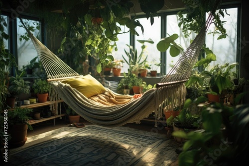 A cozy hammock hangs in a room adorned with an abundance of potted plants. Perfect for adding a touch of relaxation and greenery to any space