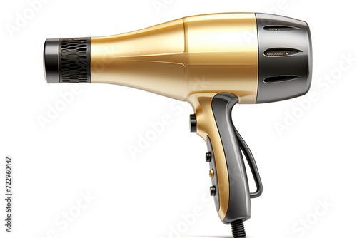 A sleek and stylish gold and black hair dryer on a clean white background. Perfect for beauty and haircare product advertisements photo