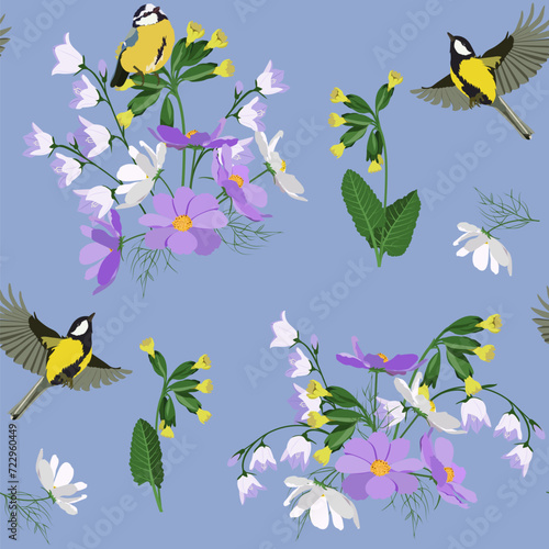 Vector pattern with campanula, cowslip and birds