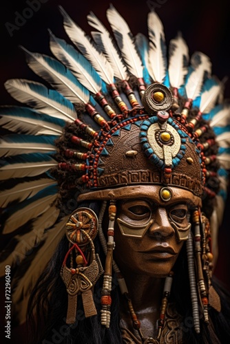A close up view of a statue featuring a person wearing a headdress. This image can be used to depict cultural heritage or historical significance