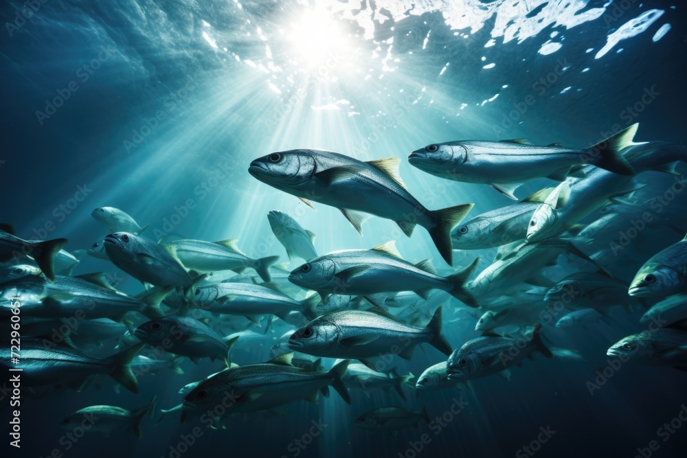 A large group of fish swimming together in the vast ocean. Perfect for marine life illustrations or educational materials