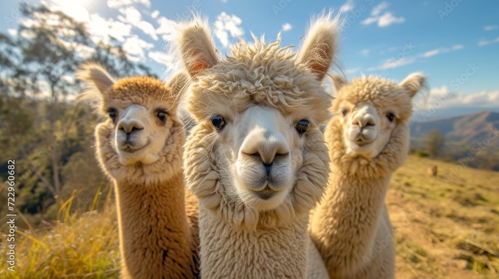 Fluffy Alpacas, Delightful shot of fluffy alpacas with expressive eyes, radiating charm and gentleness.