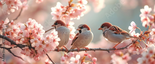Small and Cute Sparrow Sitting on a Branch of an Apple Tree in a Sunny Garden