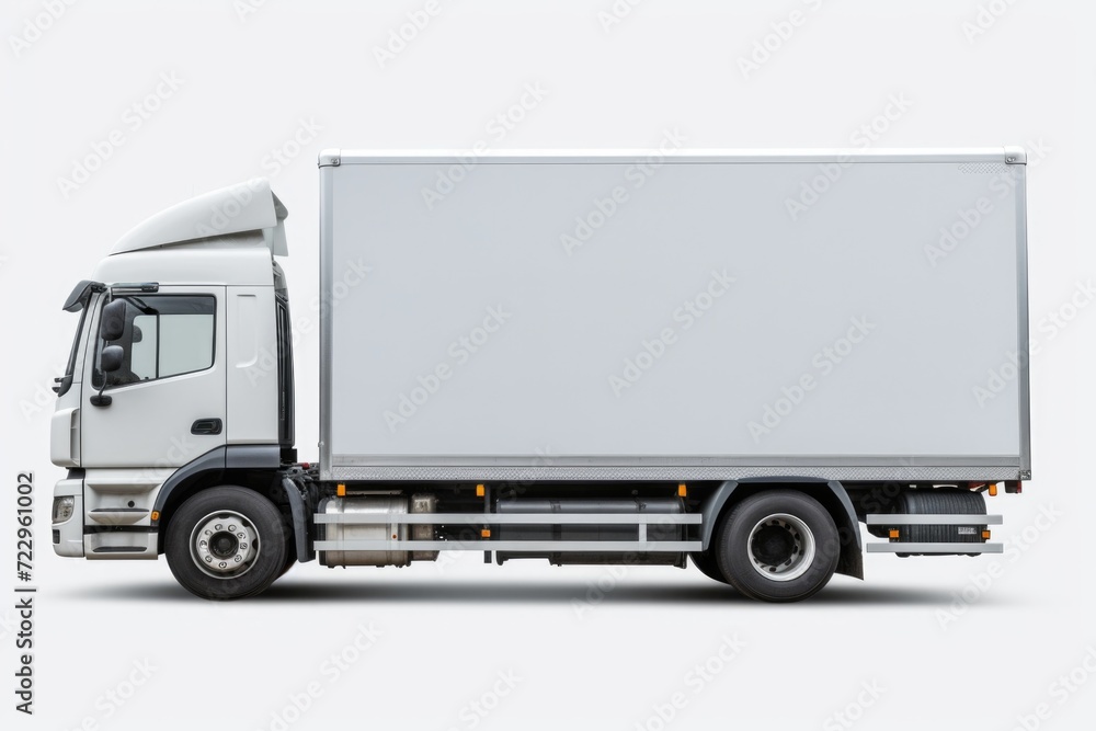 A white truck parked on a white surface. Suitable for transportation or logistics concepts A white truck parked on a white surface. Suitable for transportation or logistics concepts