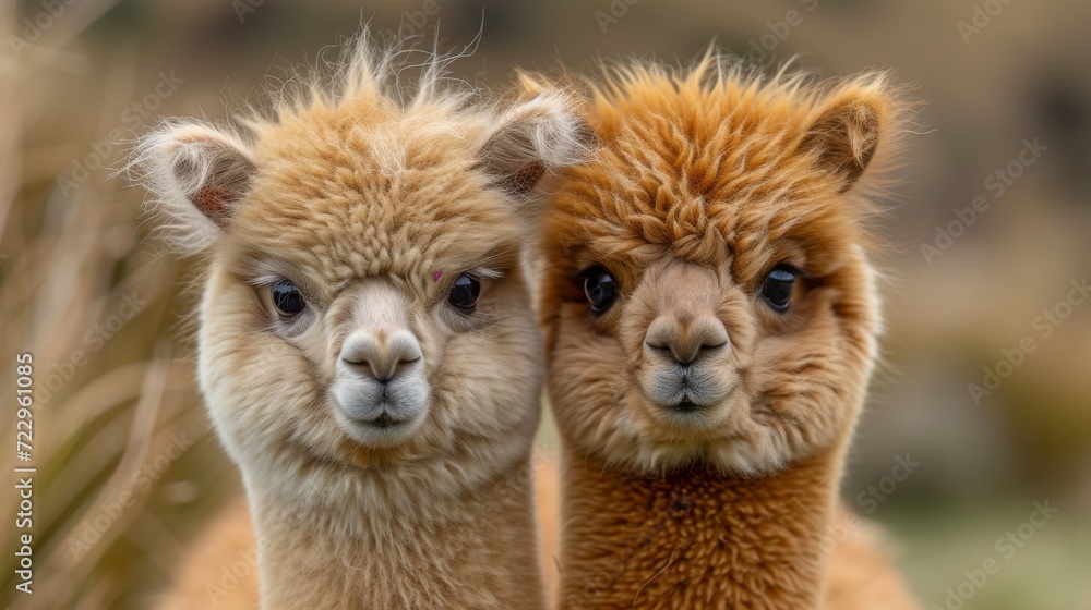 Fluffy Alpacas, Delightful shot of fluffy alpacas with expressive eyes, radiating charm and gentleness.