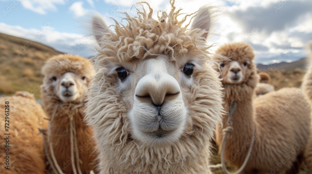 Fototapeta premium Fluffy Alpacas, Delightful shot of fluffy alpacas with expressive eyes, radiating charm and gentleness.