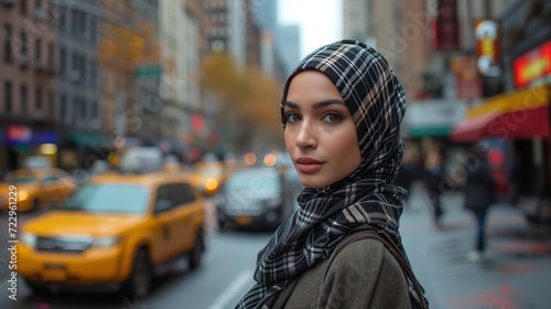 A captivating muslim female model wearing hijab. With an air of confidence. street background