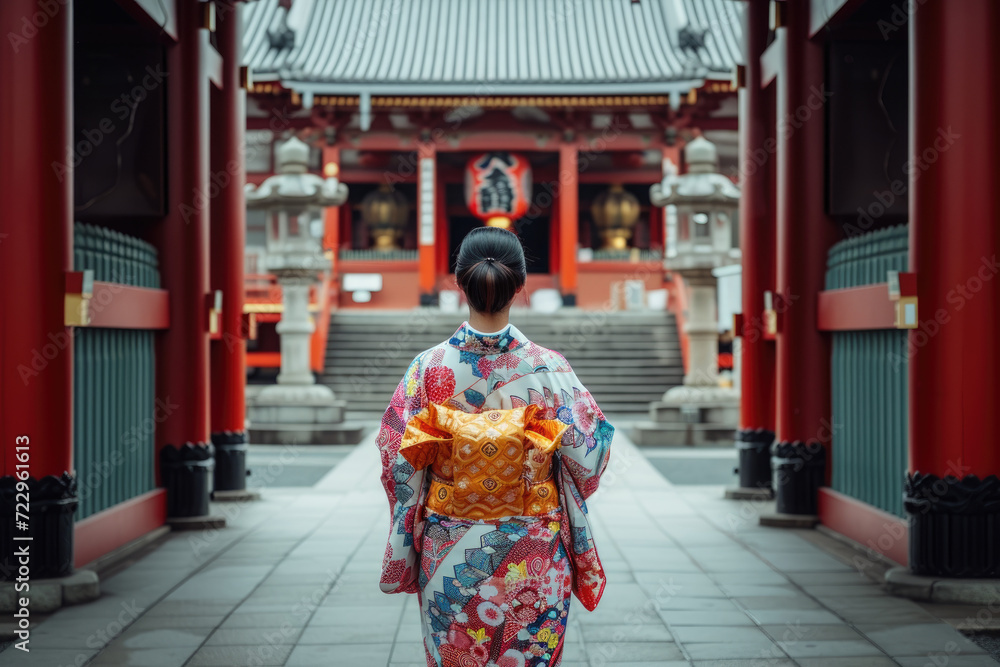 Japanese woman walking at temple in traditional kimono or Tokyo for worship, respect or faith