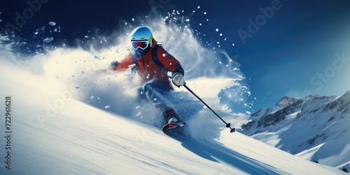 A man riding skis down the side of a snow-covered slope. Perfect for winter sports enthusiasts or travel brochures featuring snowy destinations