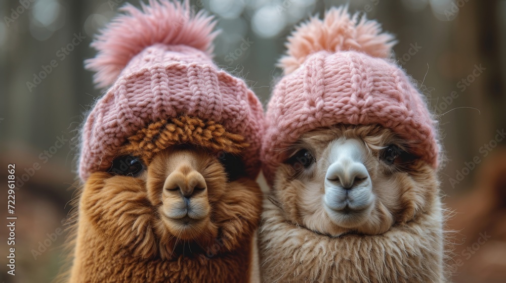 Fototapeta premium Fluffy Alpacas, Delightful shot of fluffy alpacas with expressive eyes, radiating charm and gentleness.