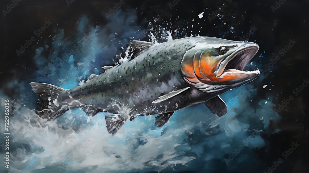 A majestic salmon leaps from the water, glistening droplets suspended