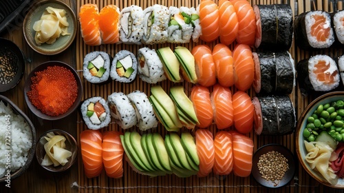 Assorted sushi platter with salmon tuna avocado and white rice, Traditional Japanese gourmet asian sea food cuisine, Overhead shot © Mohammad