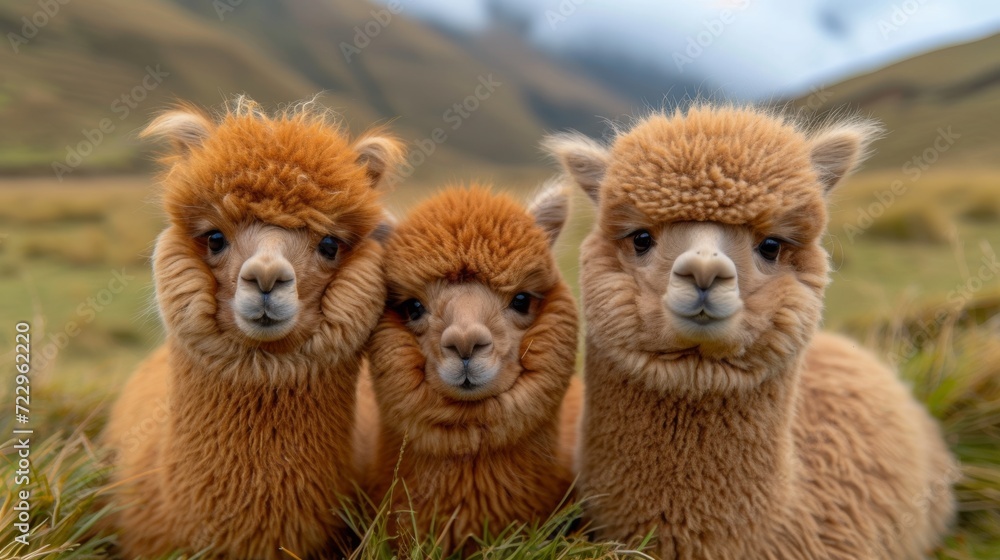 Fototapeta premium Fluffy Alpacas, Delightful shot of fluffy alpacas with expressive eyes, radiating charm and gentleness.