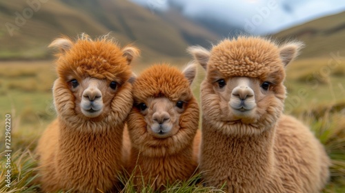 Fluffy Alpacas, Delightful shot of fluffy alpacas with expressive eyes, radiating charm and gentleness. © Nico