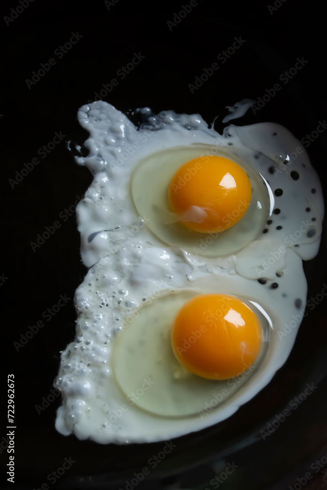 Scrambled eggs in a black pan. English breakfast - fried eggs with two eggs. fried eggs. Scrambled eggs in a black pan. English breakfast - fried eggs with two eggs. fried eggs.