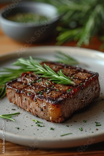 Perfectly cooked steak on a plate, emphasizing the beauty of culinary classics. Classic dish, perfectly cooked steak.