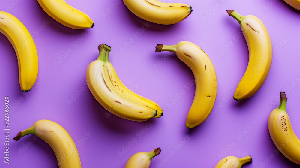 Ripe bananas on a pastel violet background pattern. Top view. Food modern concept. Hard shadow. Generative AI