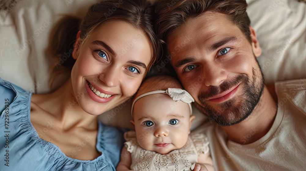 Happy young family. Beautiful Mother and father with baby. Parents, Portrait of Mom, dad and smiling child Happy young family. Beautiful Mother and father with baby. Parents, Portrait of Mom, dad and smiling child