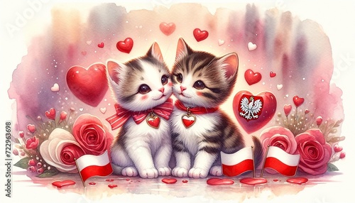 A charming watercolor concept illustration for Valentine's Day, featuring a cute couple of kittens with a Polish theme 04 photo