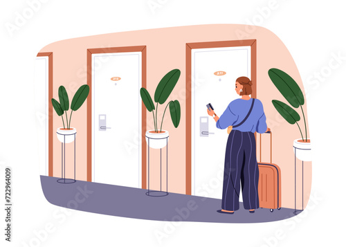 Hotel guest holding electronic sensor key card for opening unlocking door. Woman using privacy keycard identity for entering room. Flat graphic vector illustration isolated on white background