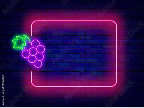Wine making and degustation neon flyer. Sweet grape symbol and empty pink border. Fruit shop. Vector stock illustration